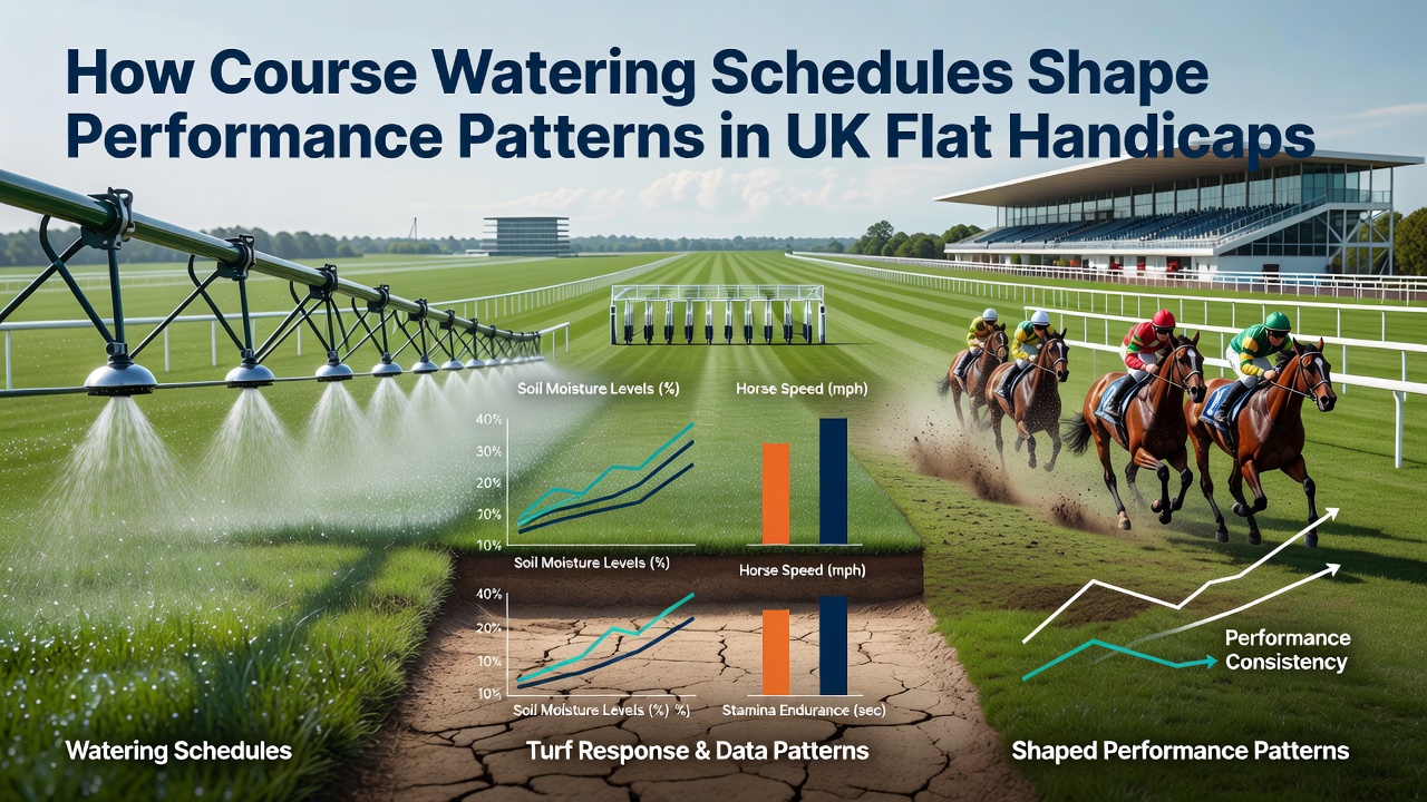 Close-up view of turf texture on a British flat course after scheduled watering, showing even moisture distribution