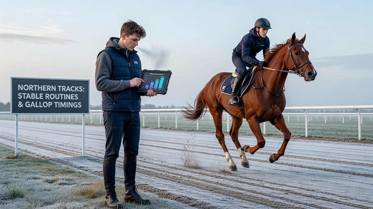Horses being led to morning gallops after stable preparation at a northern track